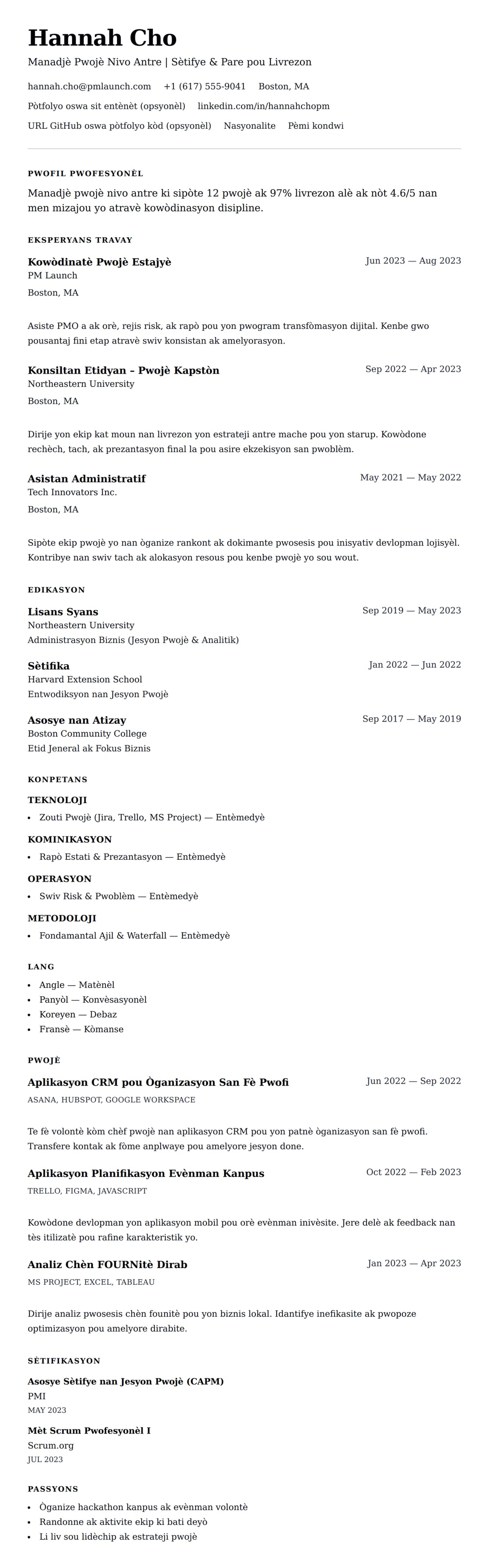 Egzanp Rezime pou Manadjè Pwojè Nivo Antre