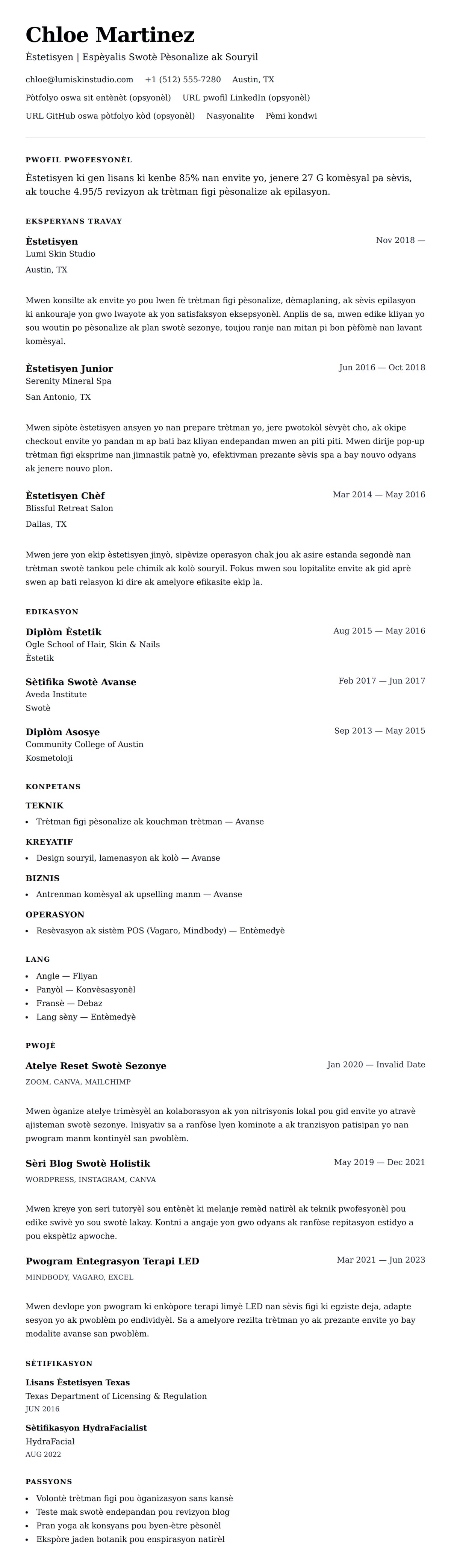 Premye gade rezime pou Egzanp Rezime Èstetisyen