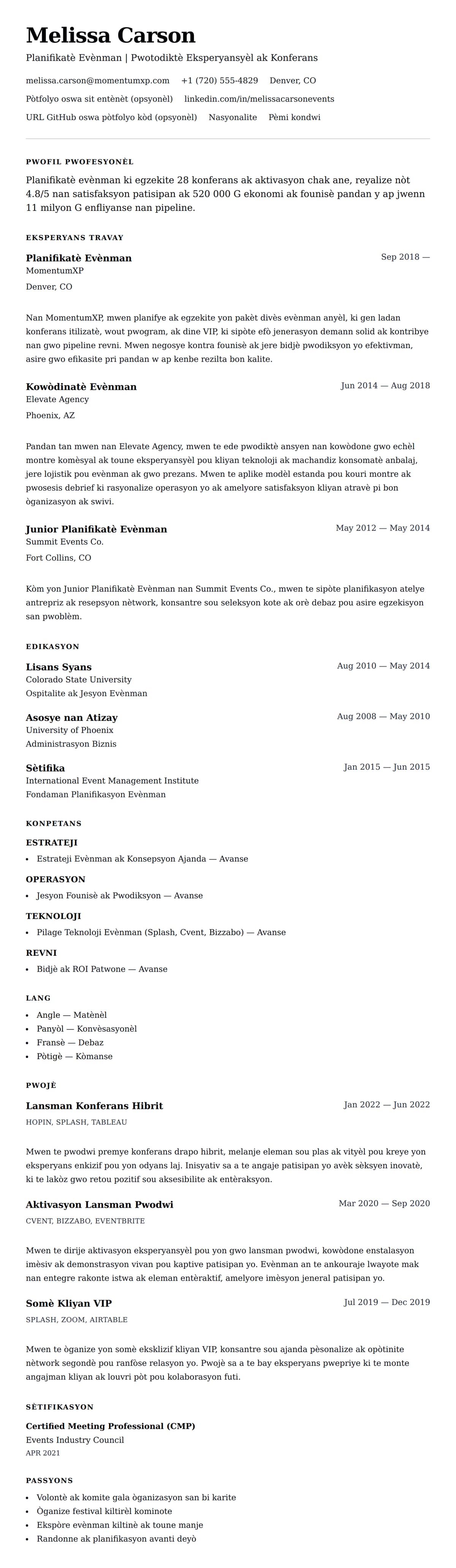 Premye gade rezime pou Egzanp Rezime pou Planifikatè Evènman