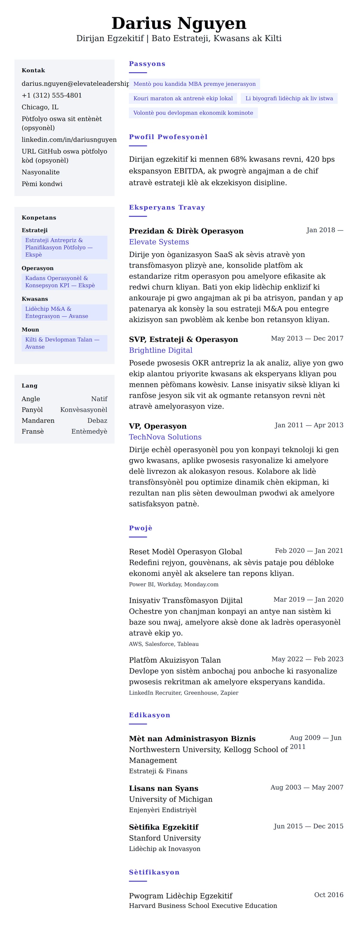 Egzanp Rezime pou Dirijan Egzekitif