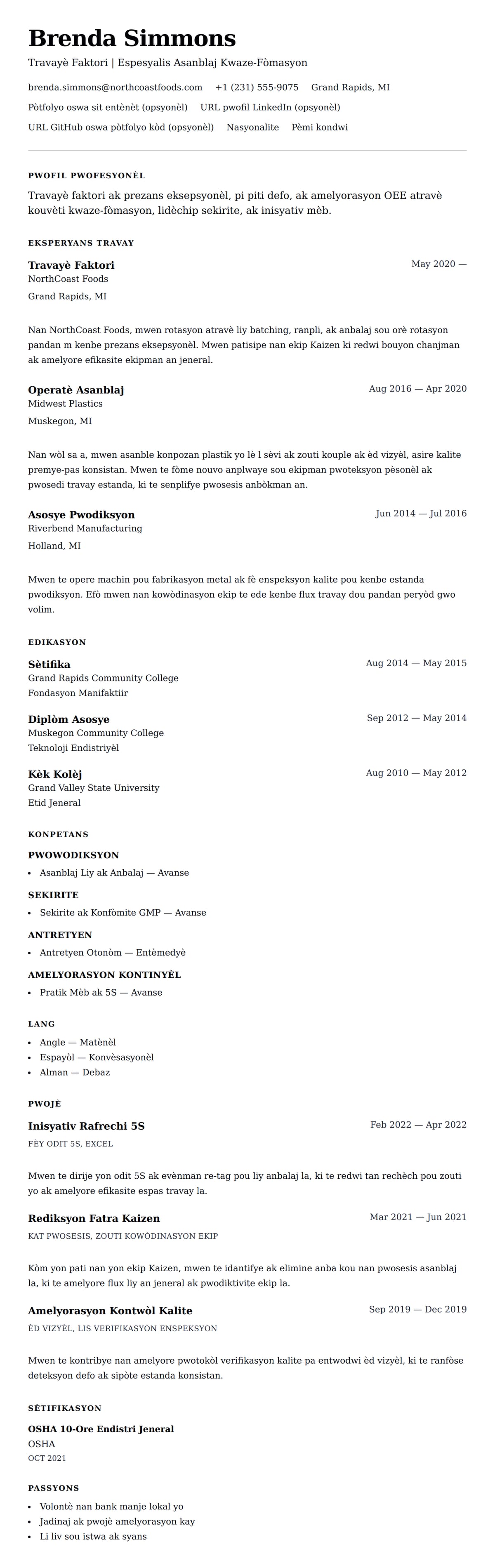 Premye gade rezime pou Egzanp Rezime pou Travayè Faktori