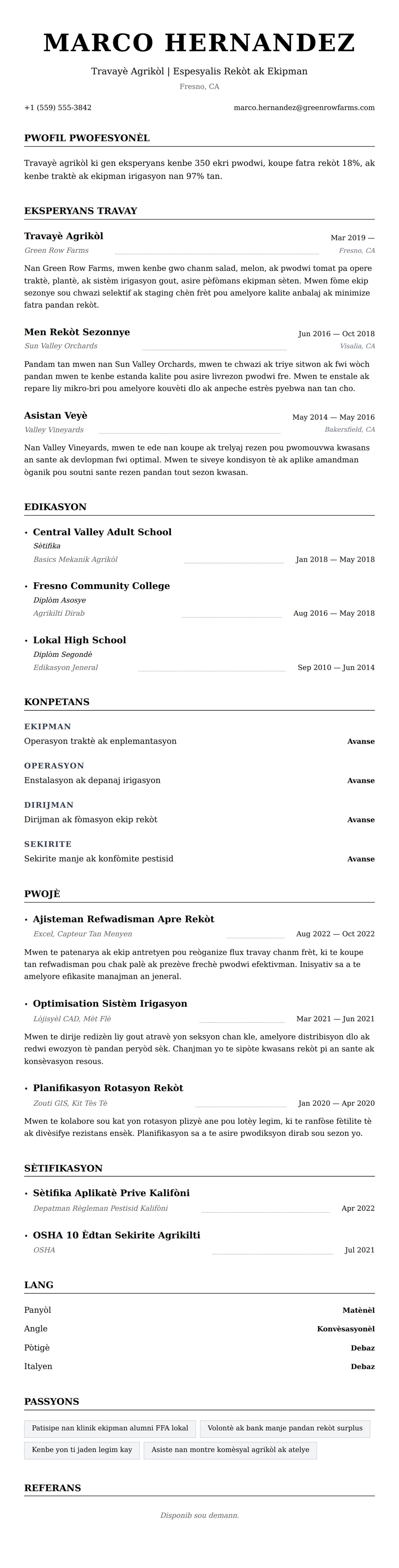 Premye gade rezime pou Egzanp Rezime pou Travayè Agrikòl