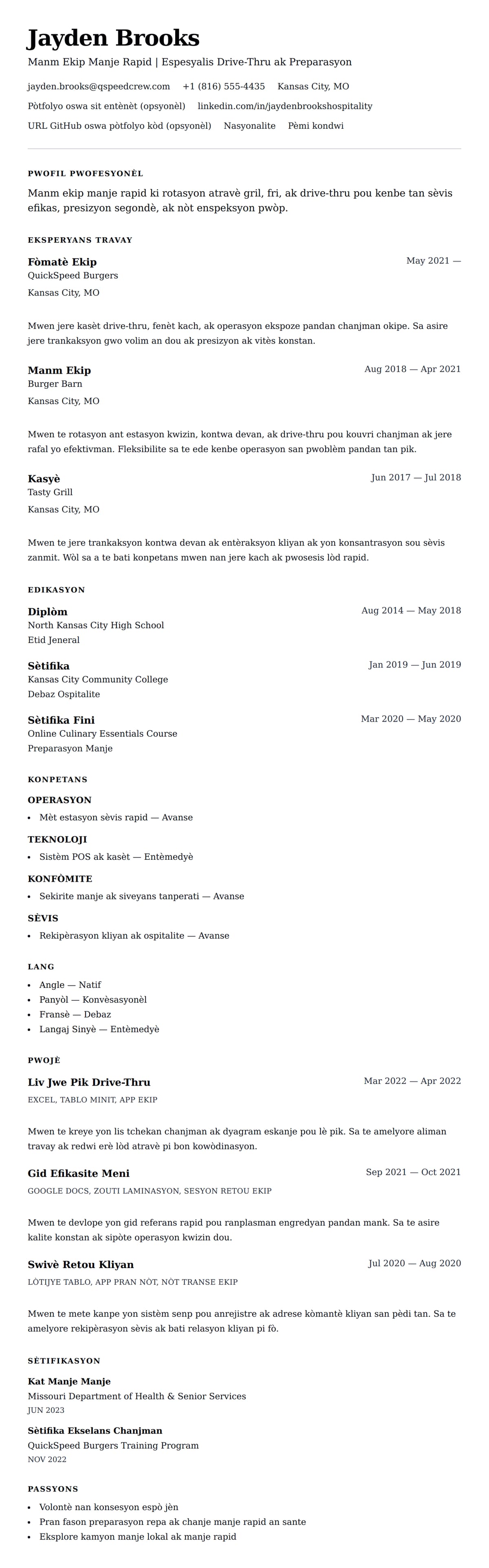 Premye gade rezime pou Egzanp Rezime pou Travayè Manje Rapid