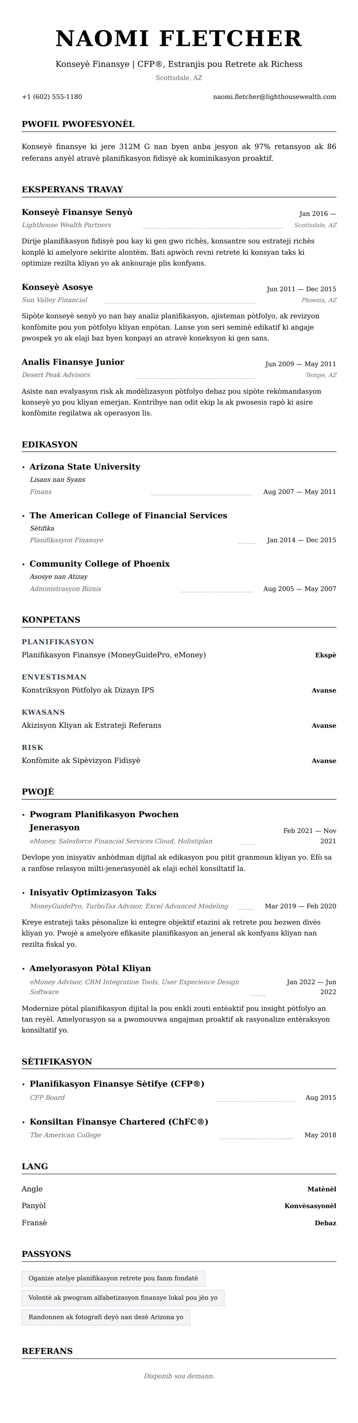 Premye gade rezime pou Egzanp Rezime pou Konseyè Finansye