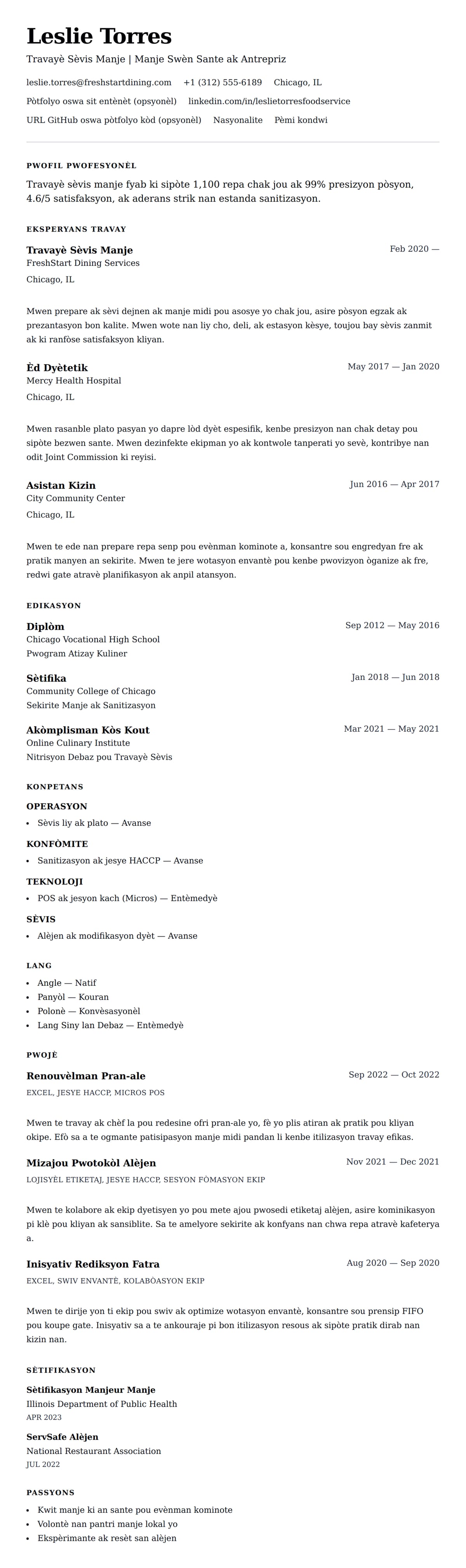 Premye gade rezime pou Egzanp Rezime pou Travayè Sèvis Manje