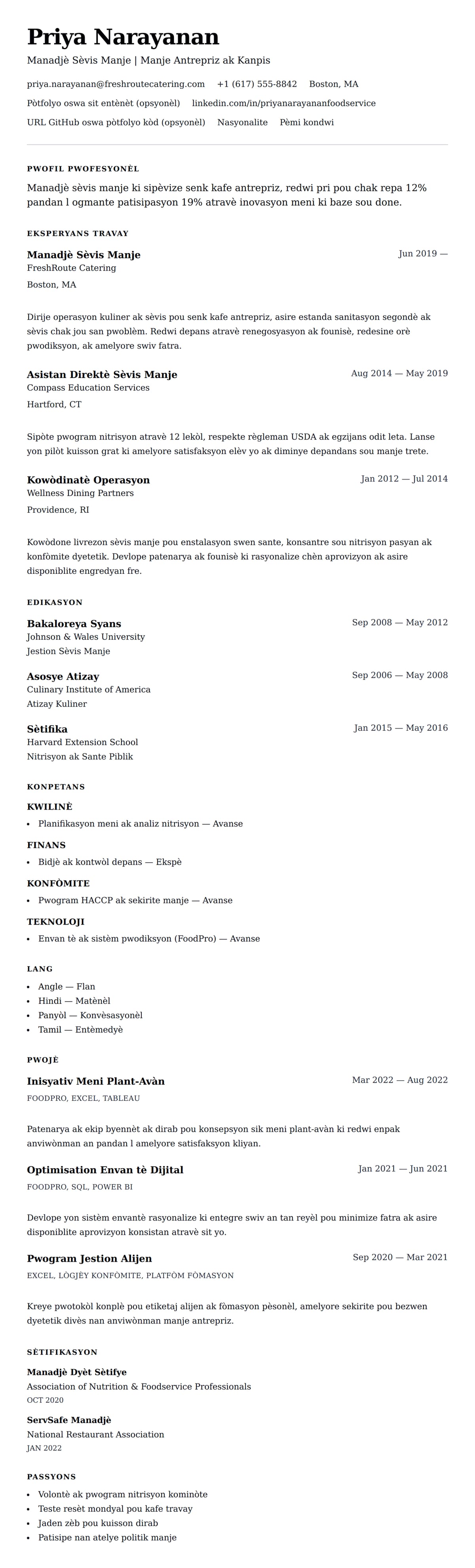 Premye gade rezime pou Egzanp Rezime Manadjè Sèvis Manje