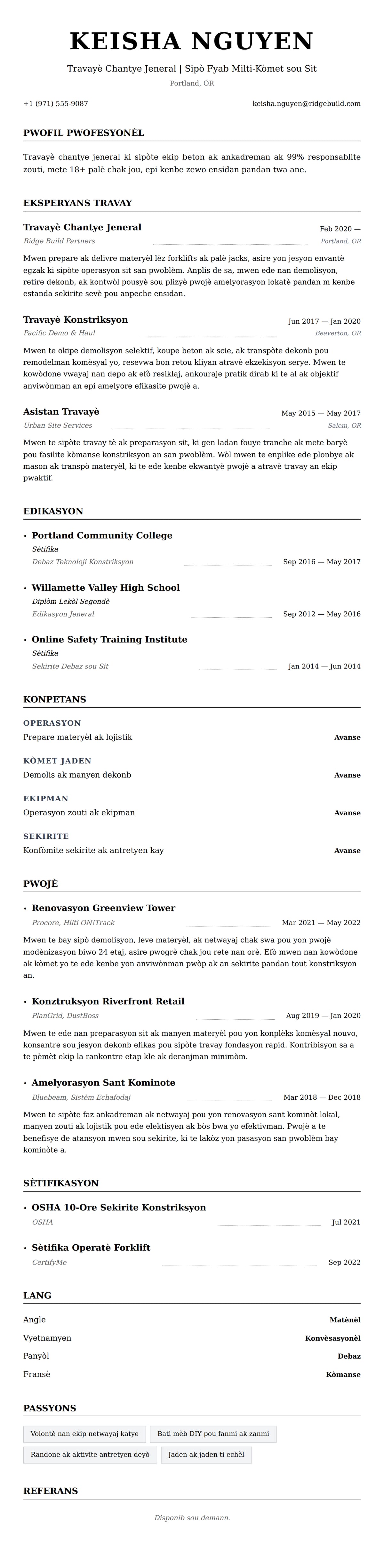 Premye gade rezime pou Egzanp Rezime pou Travayè Chantye Jeneral