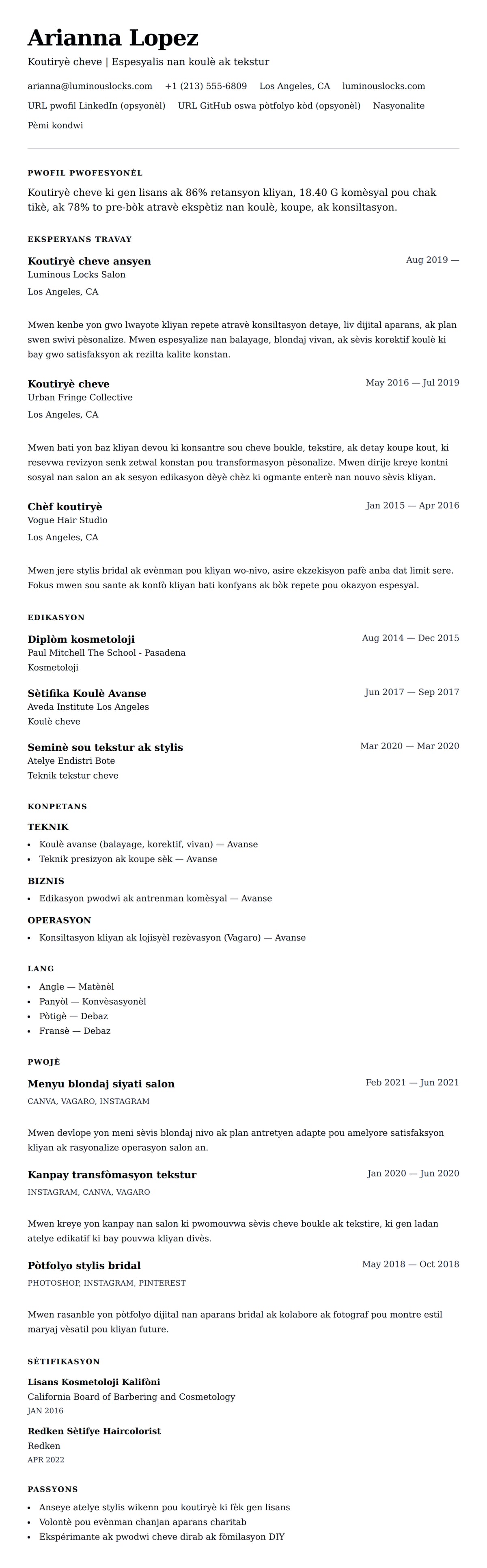 Premye gade rezime pou Egzanp CV pou Koutiryè cheve