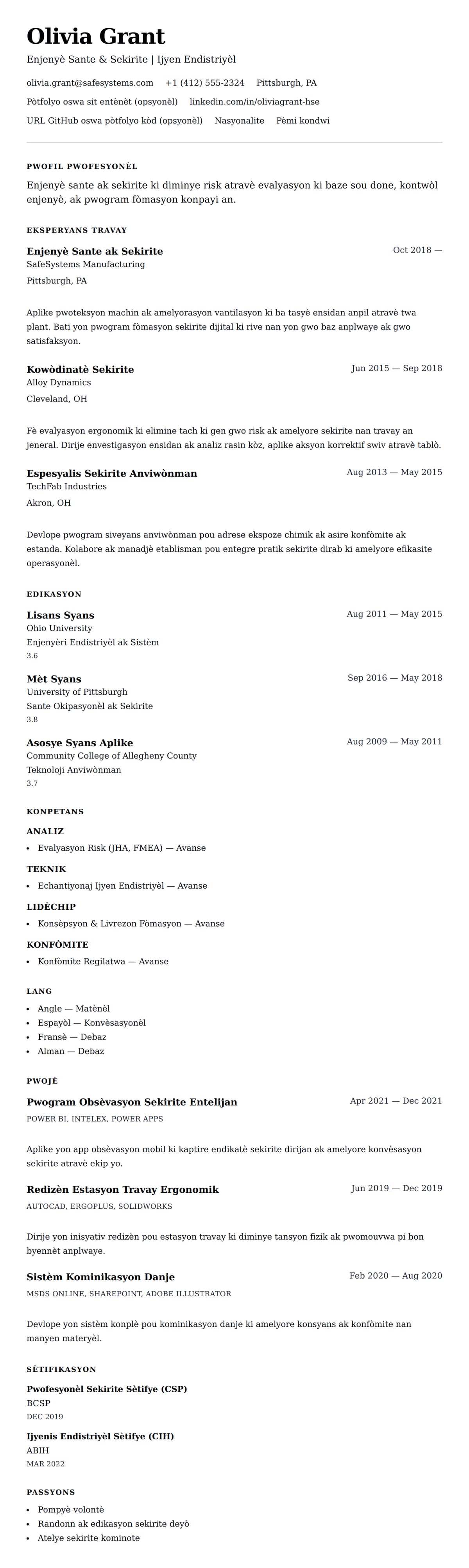 Premye gade rezime pou Egzanp Rezime pou Enjenyè Sante ak Sekirite