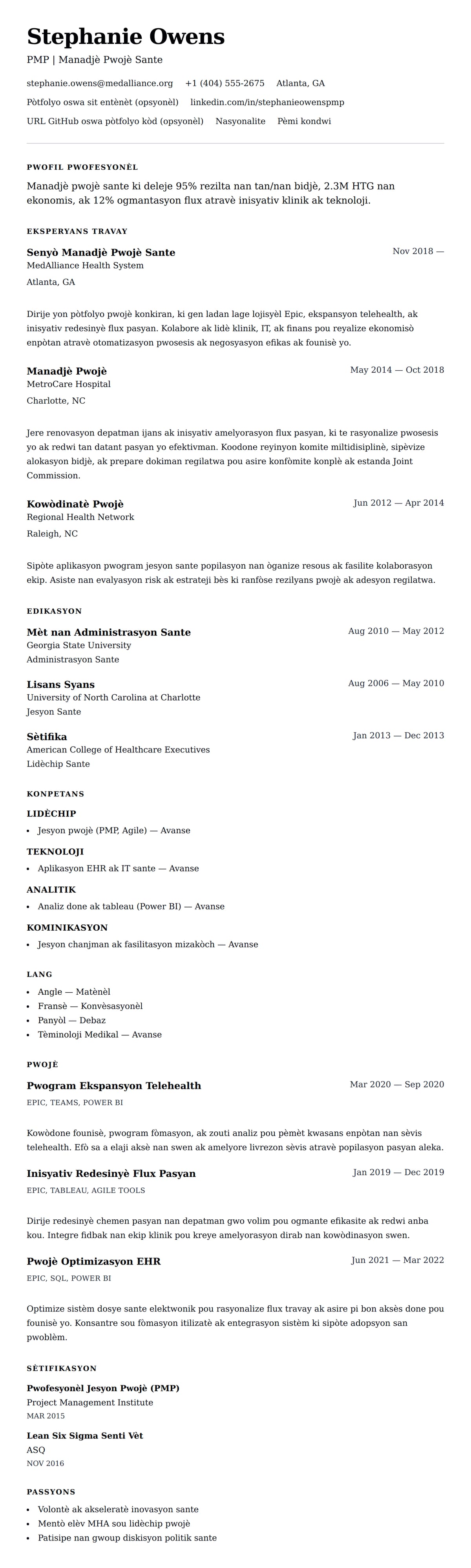 Premye gade rezime pou Egzanp Rezime Manadjè Pwojè Sante