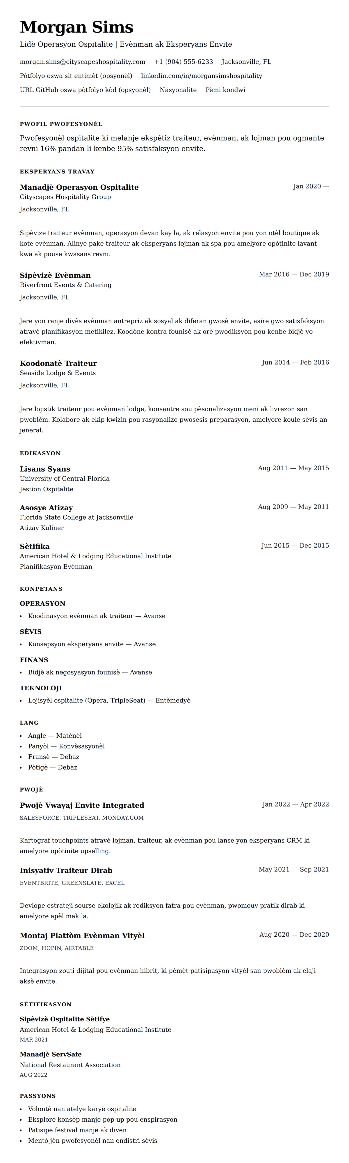 Premye gade rezime pou Egzanp Rezime pou Pwofesyonèl Ospitalite ak Traiteur