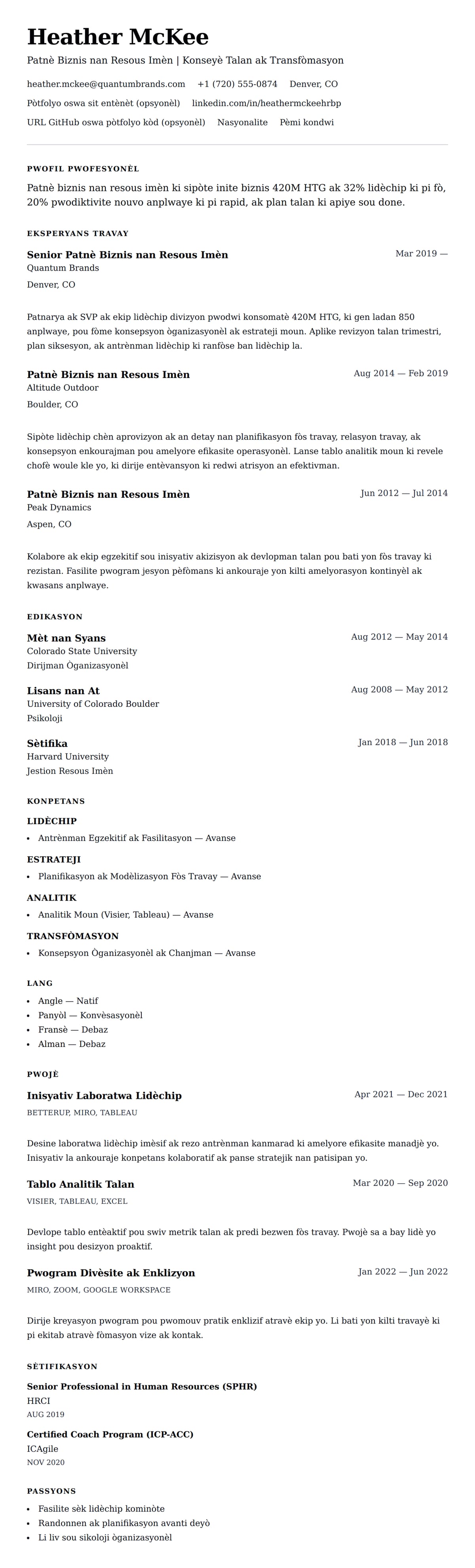 Premye gade rezime pou Egzanp Rezime pou Patnè Biznis nan Resous Imèn