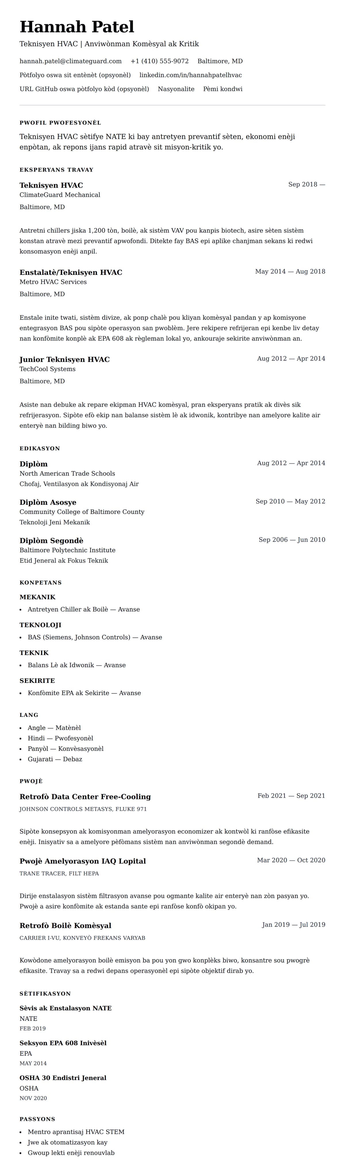 Premye gade rezime pou Egzanp Rezime Teknisyen HVAC