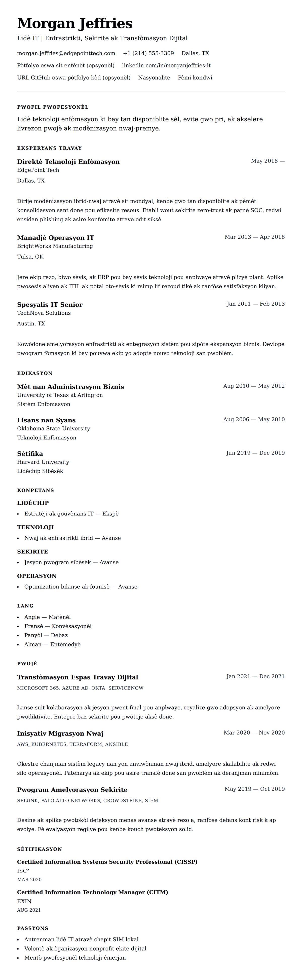 Premye gade rezime pou Egzanp Rezime Pwofesyonèl nan Teknoloji Enfòmasyon