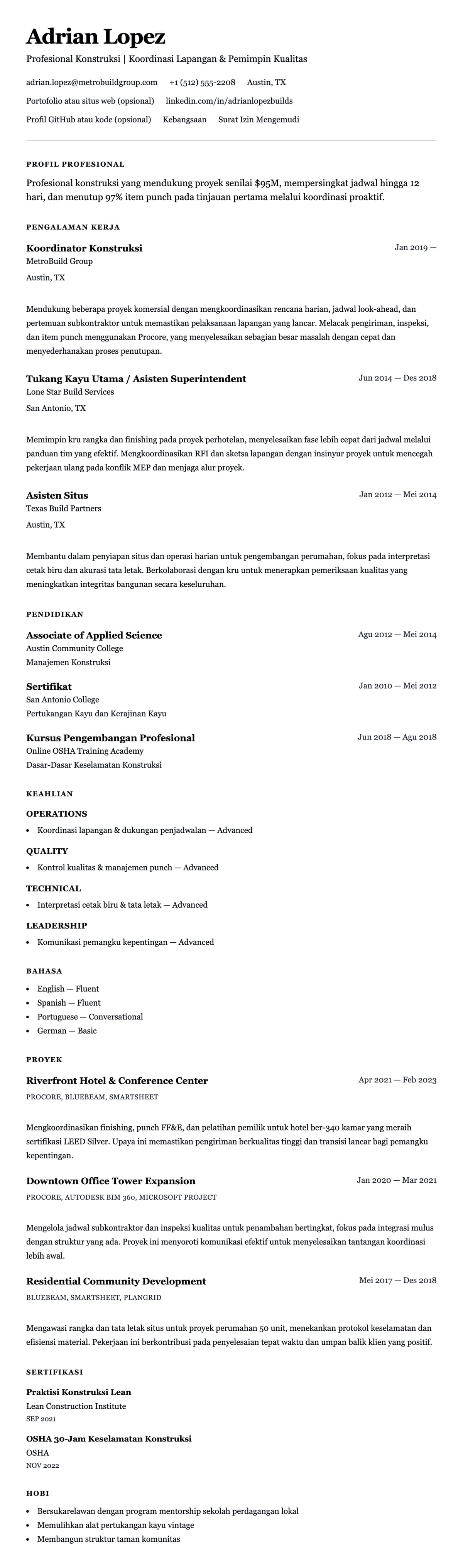 Pratinjau resume Contoh Resume Profesional Konstruksi