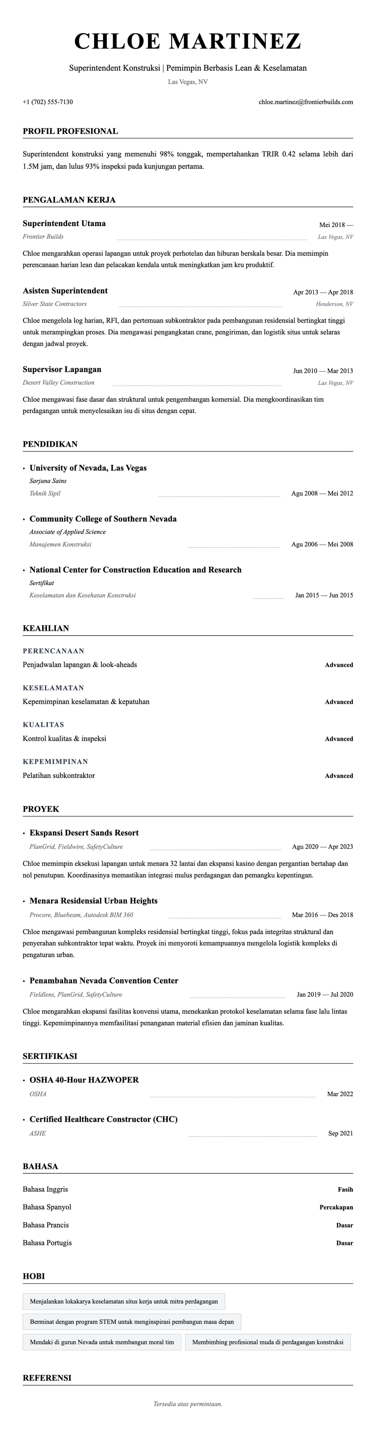 Pratinjau resume Contoh Resume Superintendent Konstruksi
