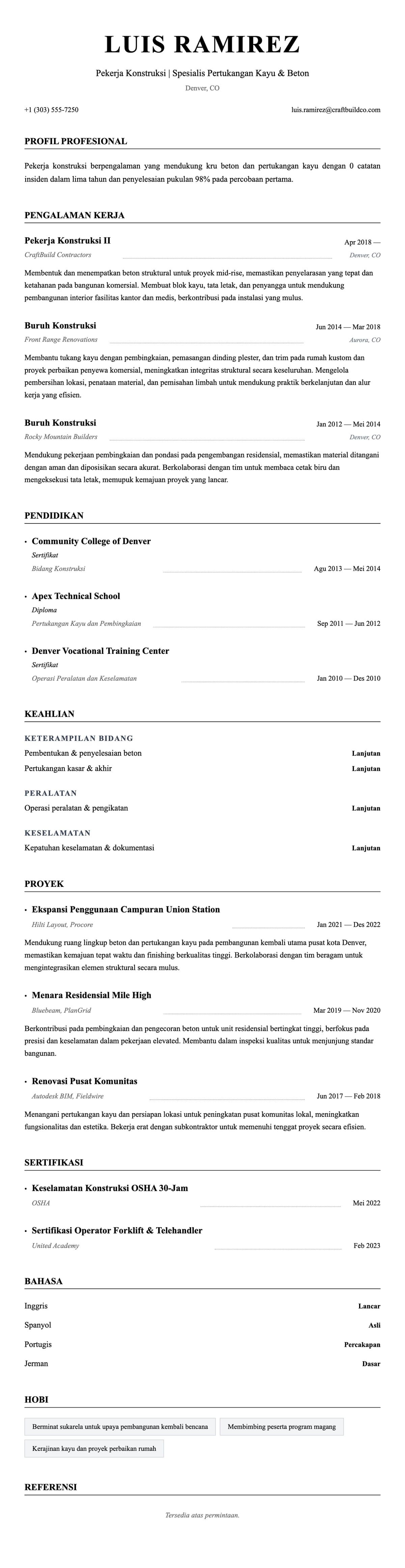 Pratinjau resume Contoh Resume Pekerja Konstruksi