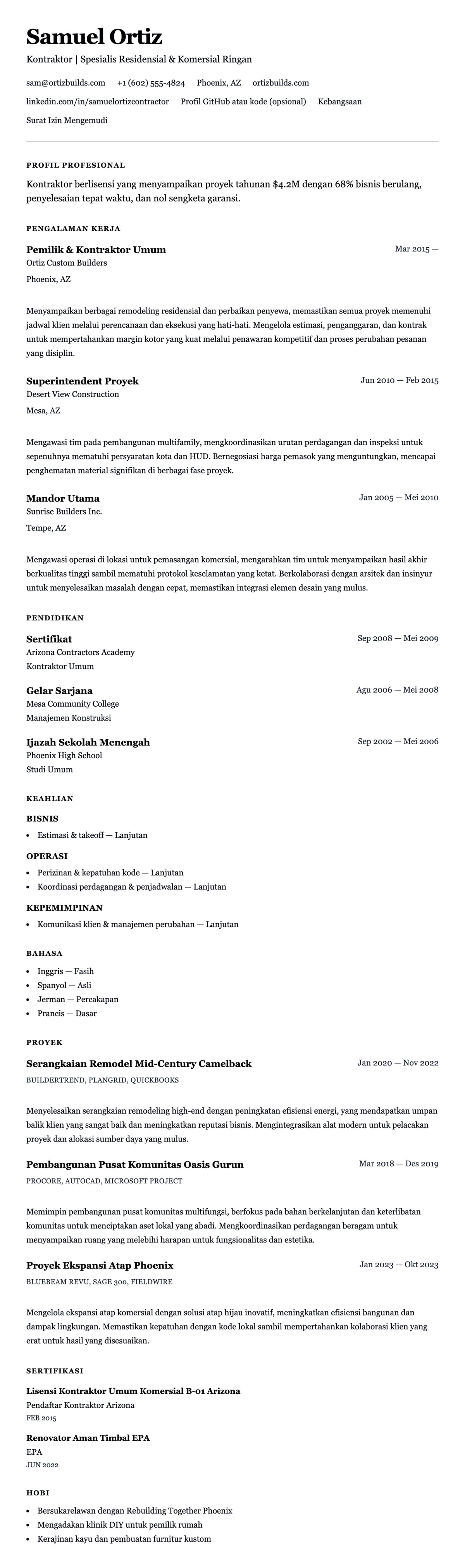 Pratinjau resume Contoh Resume Kontraktor