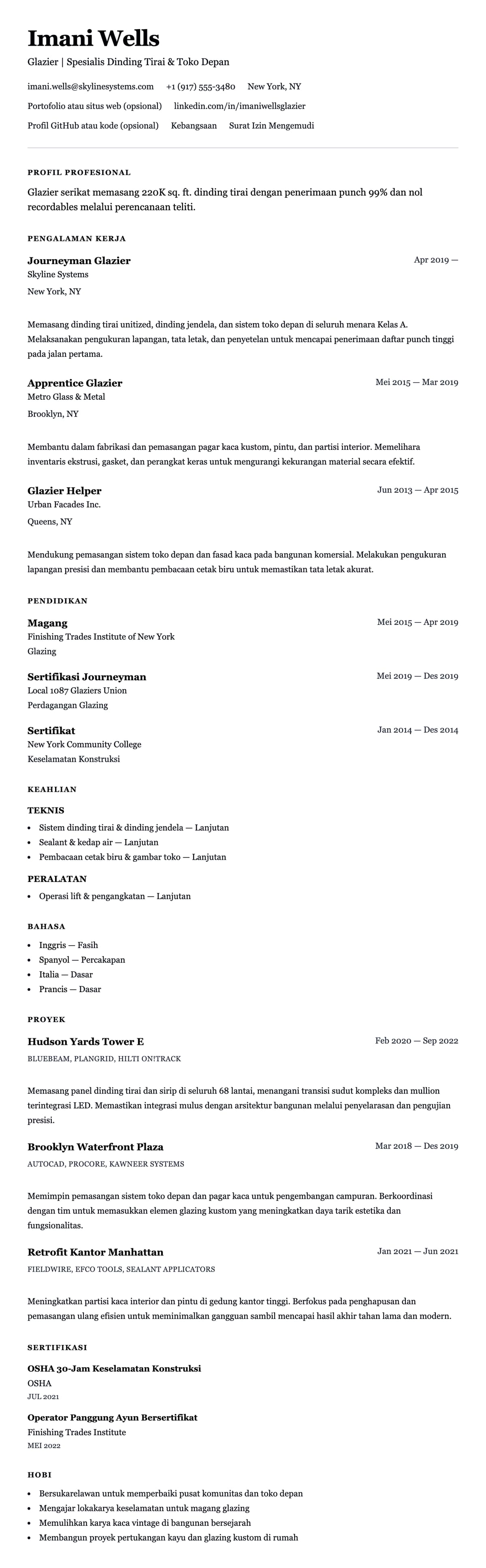 Pratinjau resume Contoh Resume Glazier