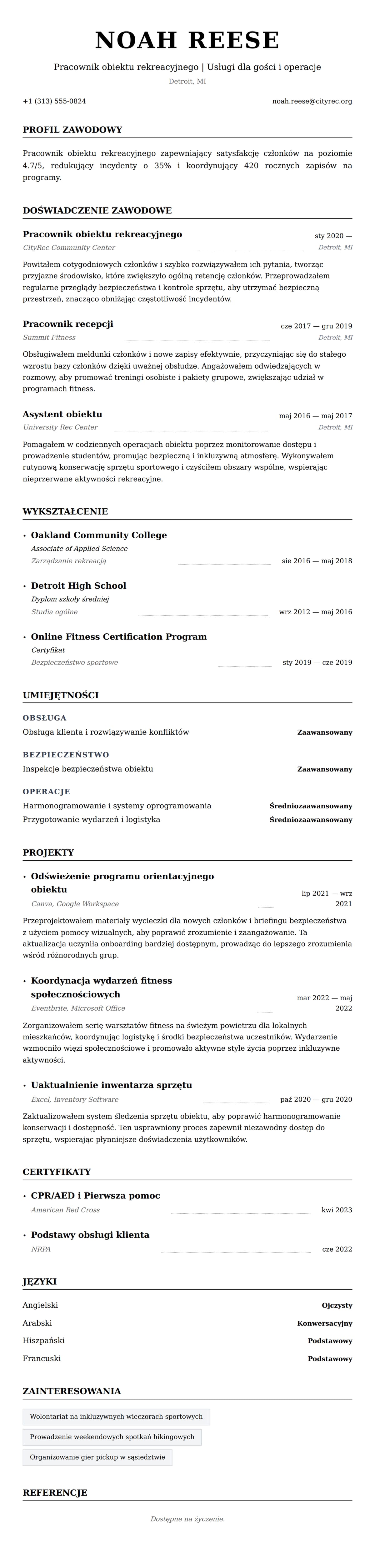 Podgląd CV Przykład CV Pracownika Obiektu Rekreacyjnego