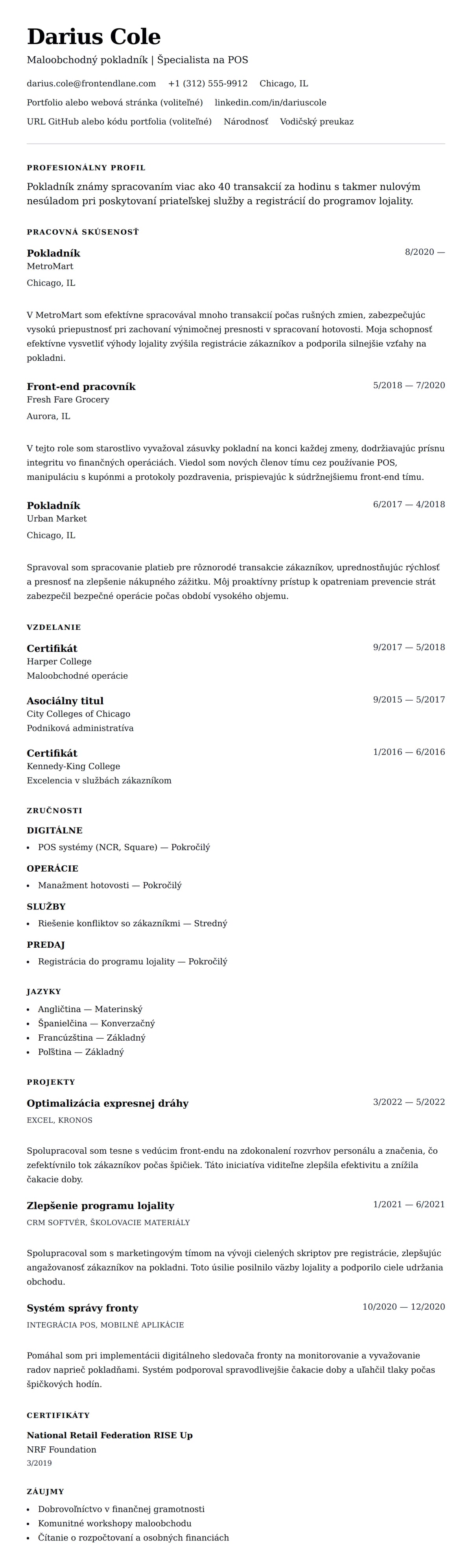 Náhľad životopisu pre Príklad životopisu pokladníka