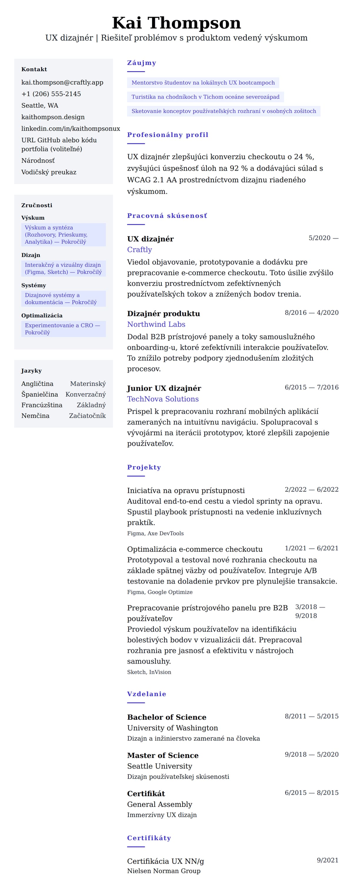 Náhľad životopisu pre Príklad životopisu UX dizajnéra