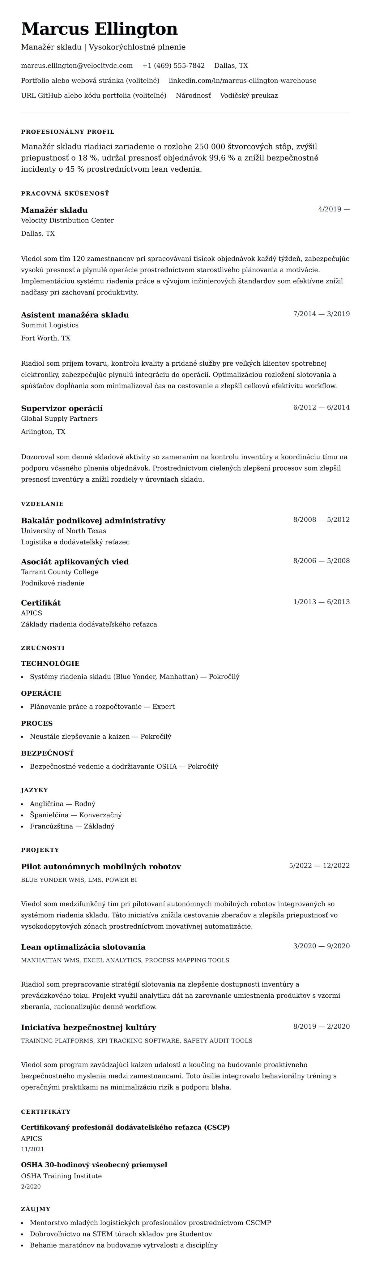 Náhľad životopisu pre Príklad životopisu manažéra skladu