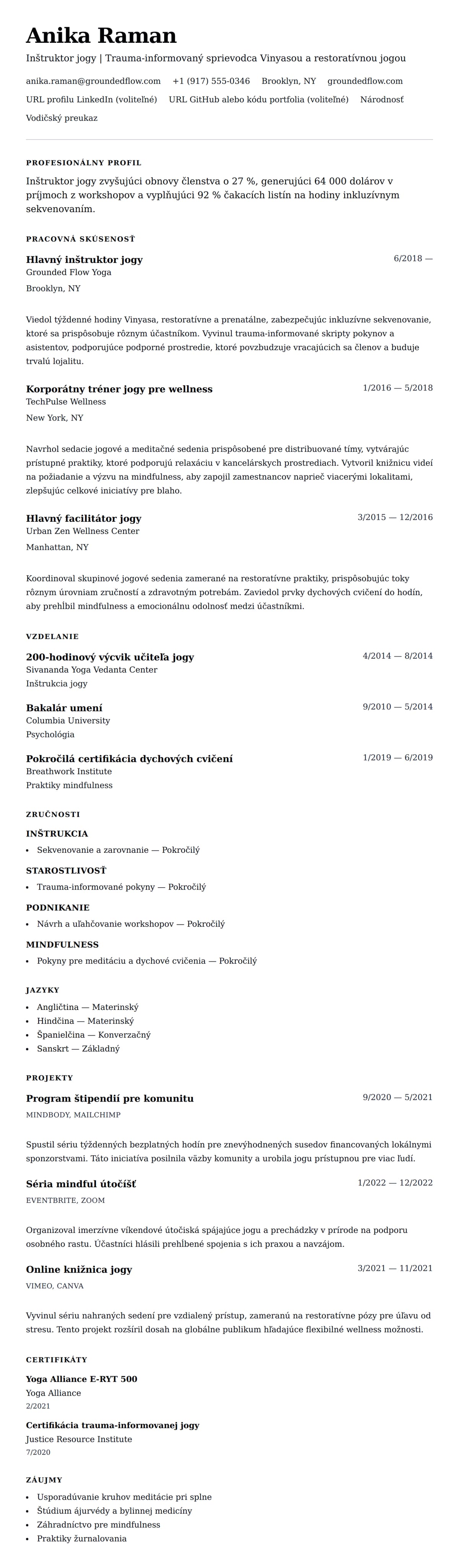 Náhľad životopisu pre Príklad životopisu inštruktora jogy