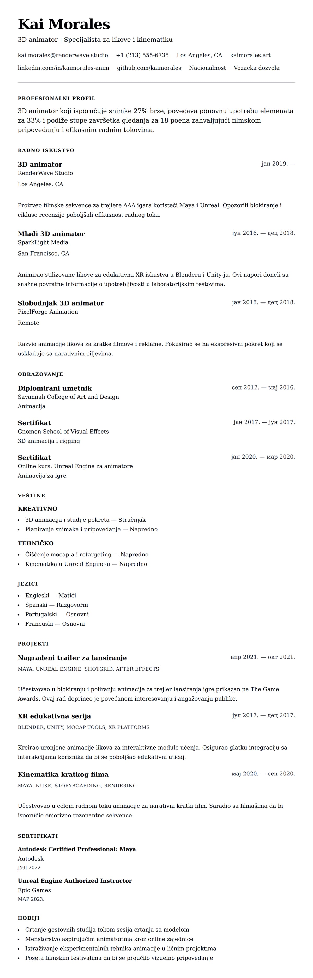 Pregled životopisa za Primer CV-a za 3D animatora