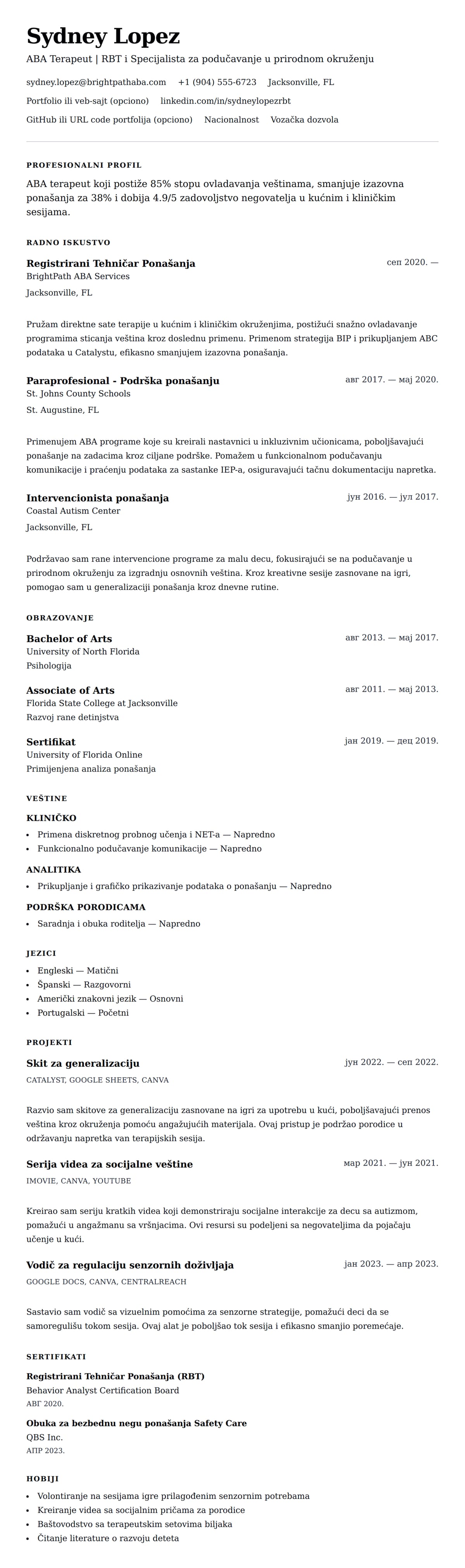 Pregled životopisa za Primer CV-a za ABA Terapeuta