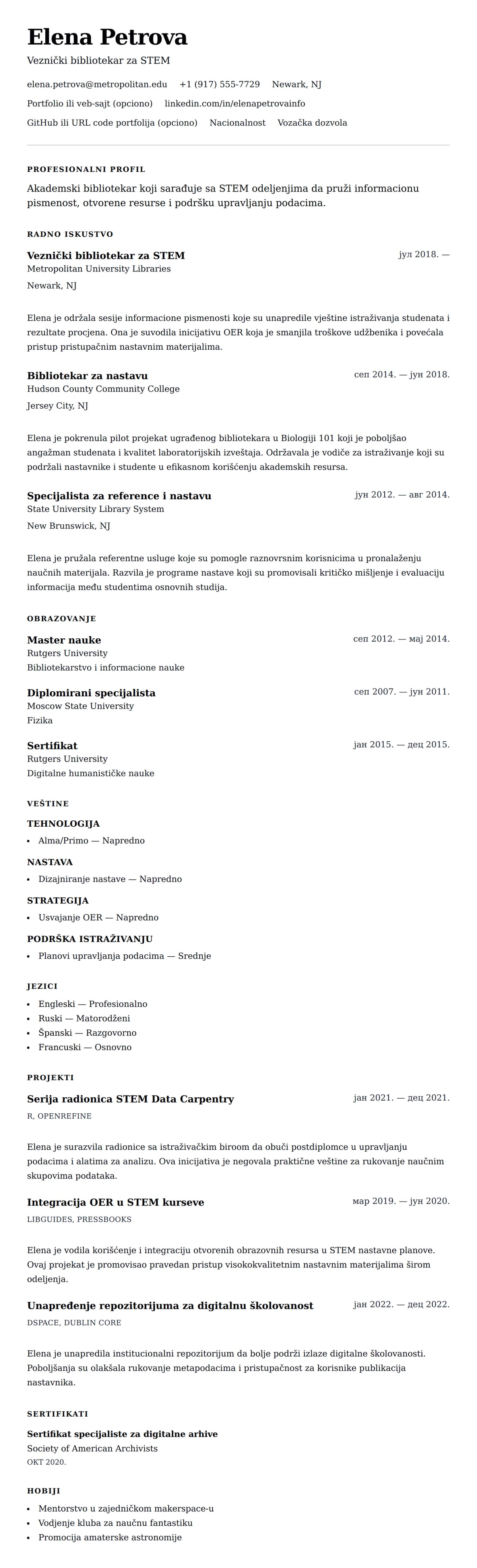 Pregled životopisa za Primer životopisa za akademskog bibliotekara