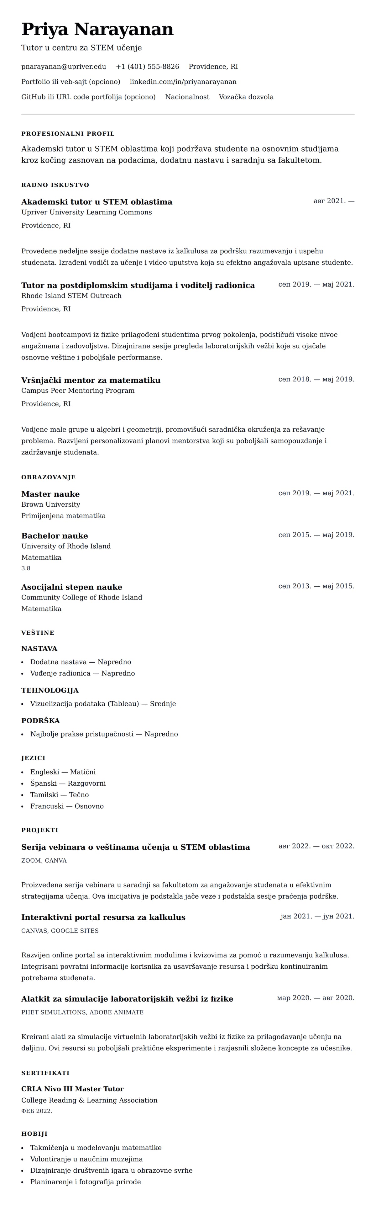 Pregled životopisa za Primer CV-a za akademskog tutora