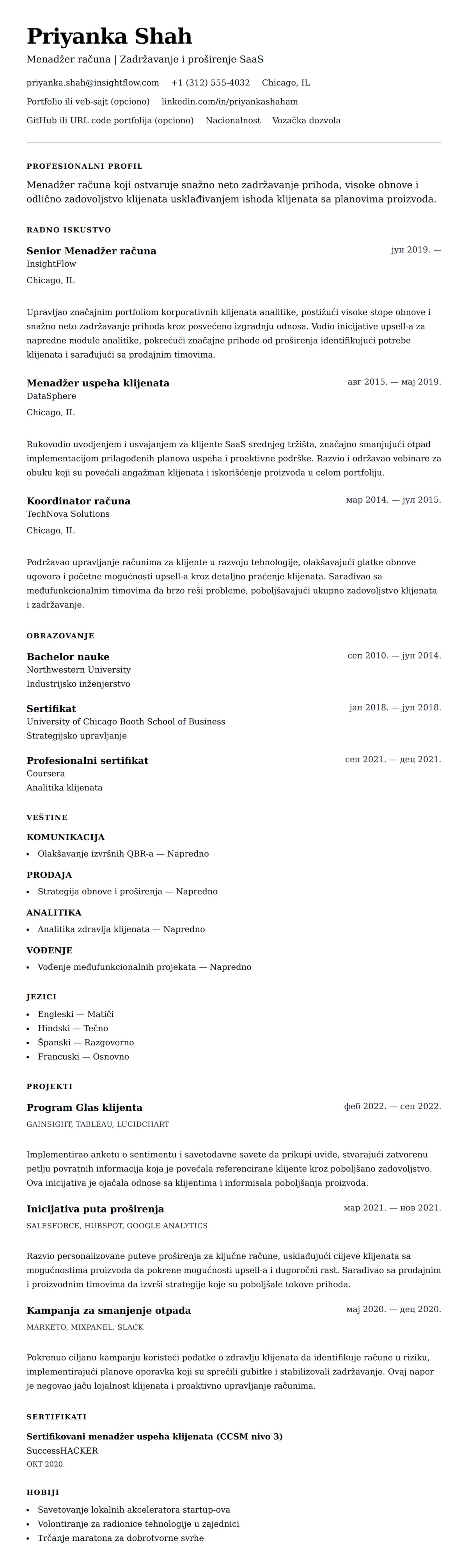 Pregled životopisa za Primer CV-a za Menadžera računa