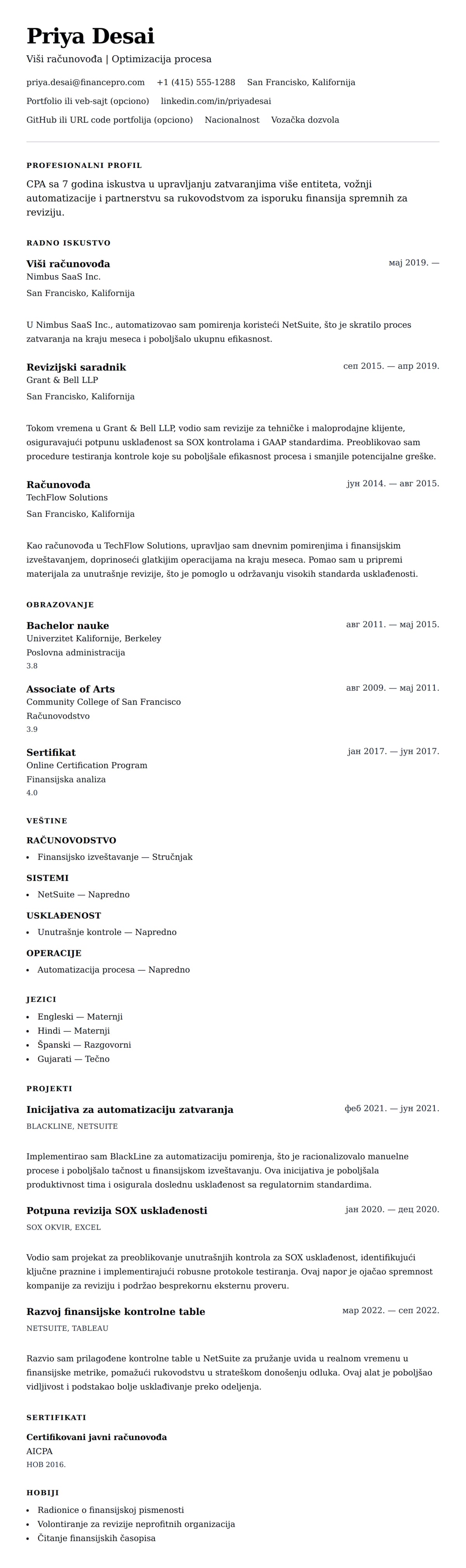 Pregled životopisa za Primer CV-a za računovođu