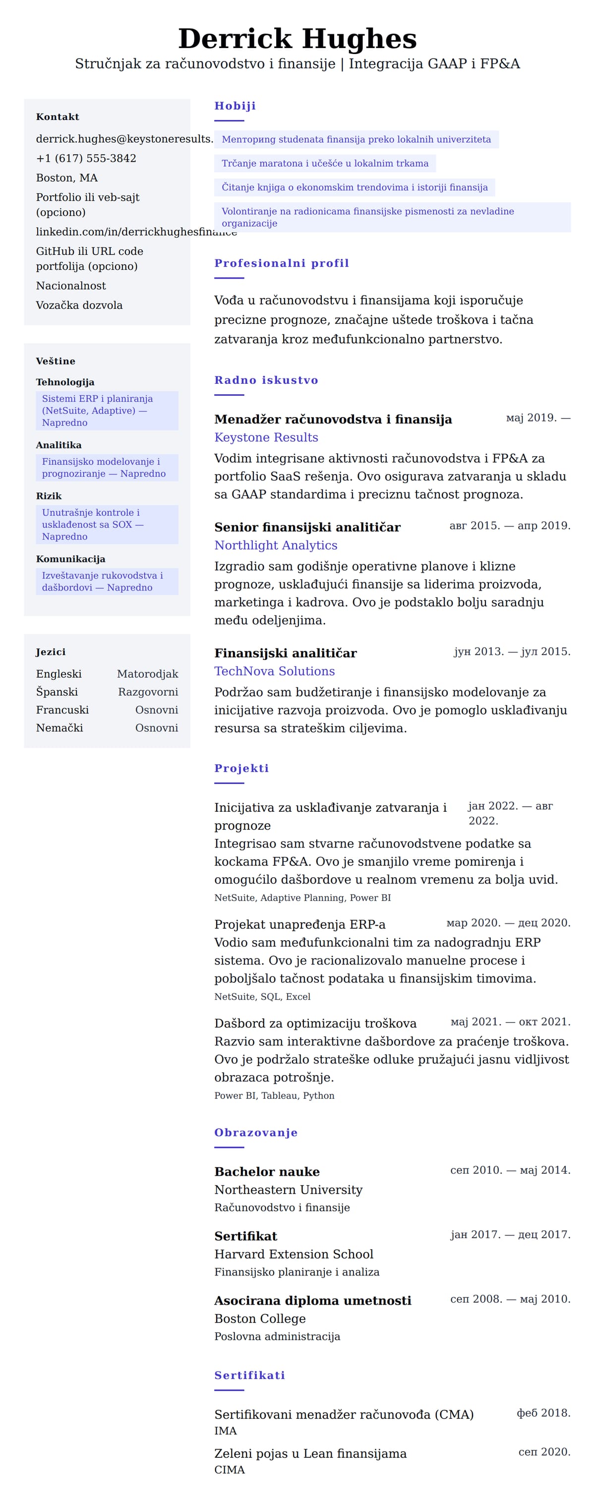 Pregled životopisa za Primer životopisa za stručnjaka za računovodstvo i finansije