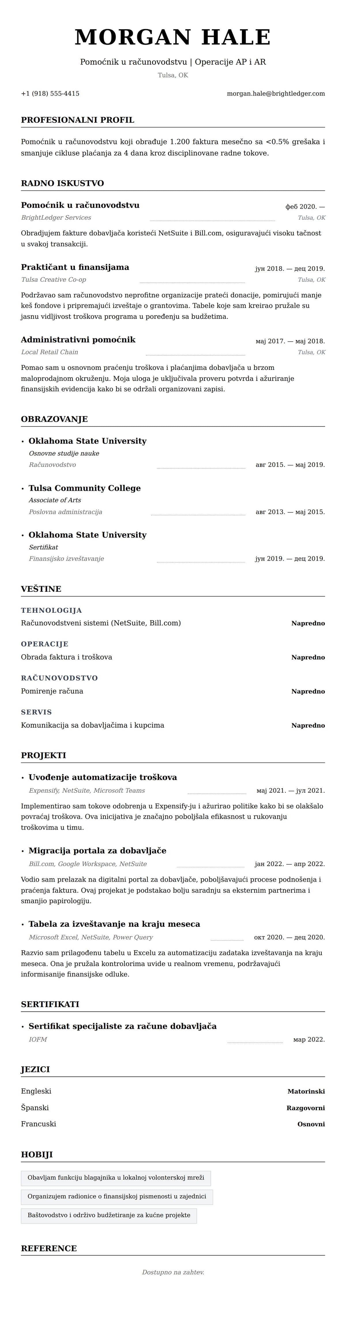 Pregled životopisa za Primer CV-a za pomoćnika u računovodstvu