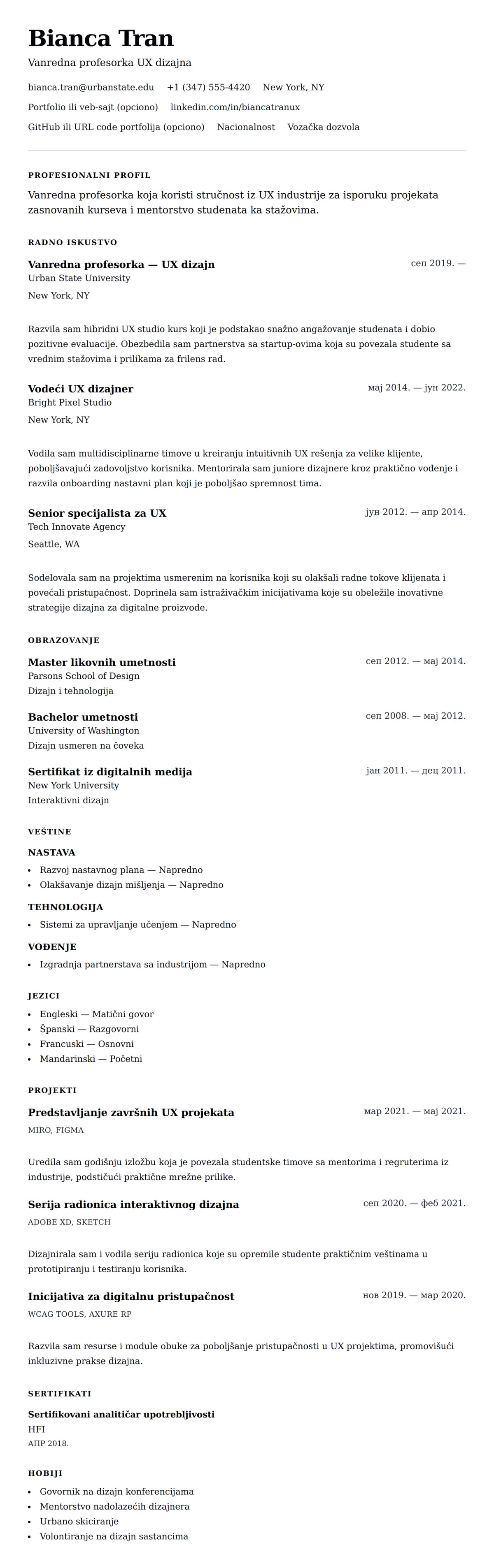 Pregled životopisa za Primer životopisa za vanrednog profesora