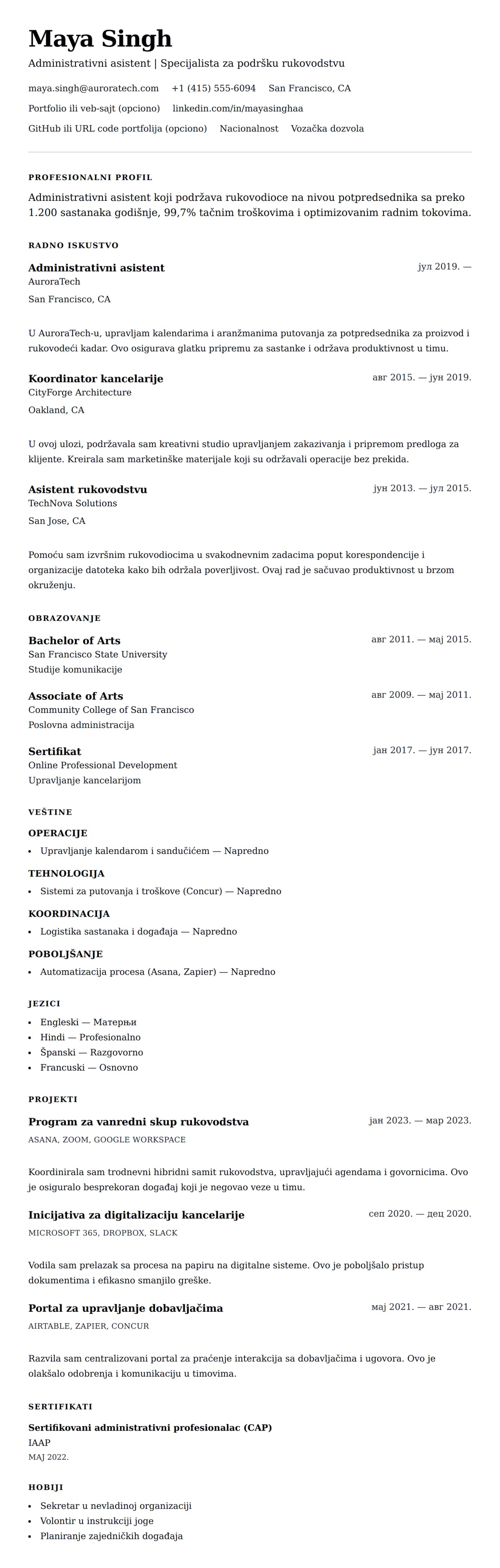 Pregled životopisa za Primer CV-a za administrativnog asistenta