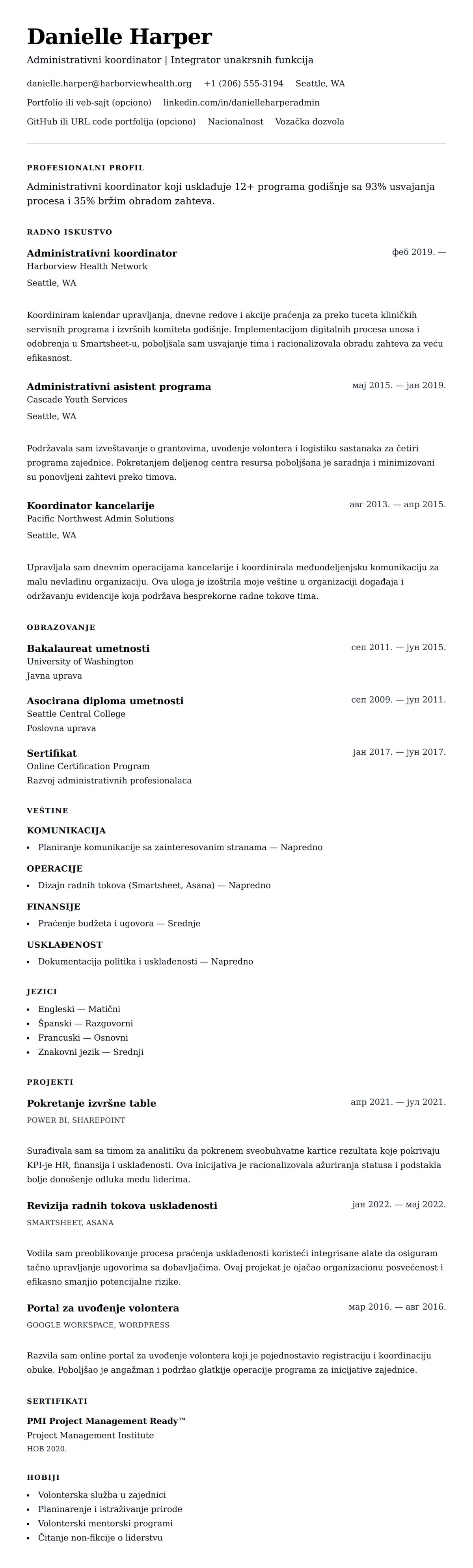 Pregled životopisa za Primer životopisa administrativnog koordinatora