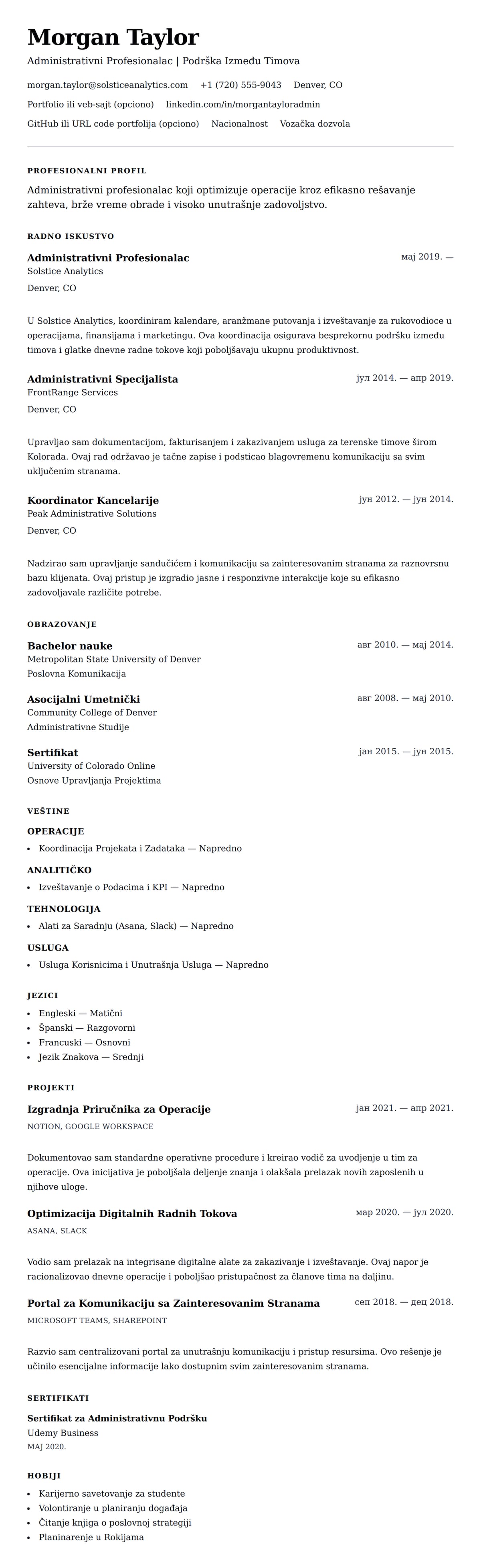 Pregled životopisa za Primer Životopisa za Administrativnog Profesionalca