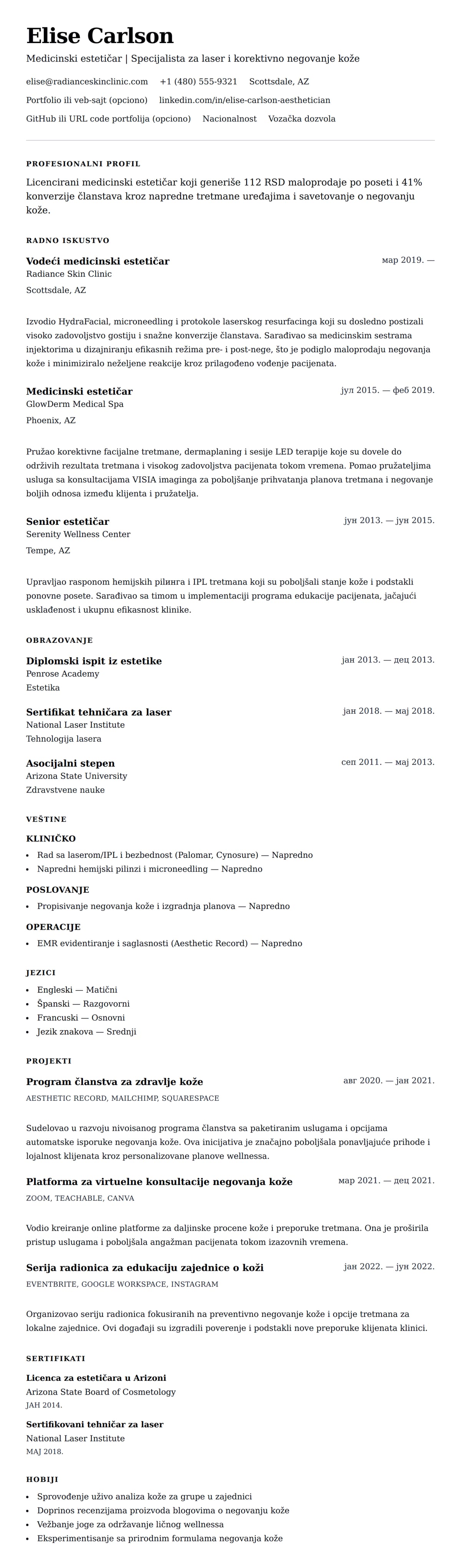 Pregled životopisa za Primer CV-a za medicinskog estetičara