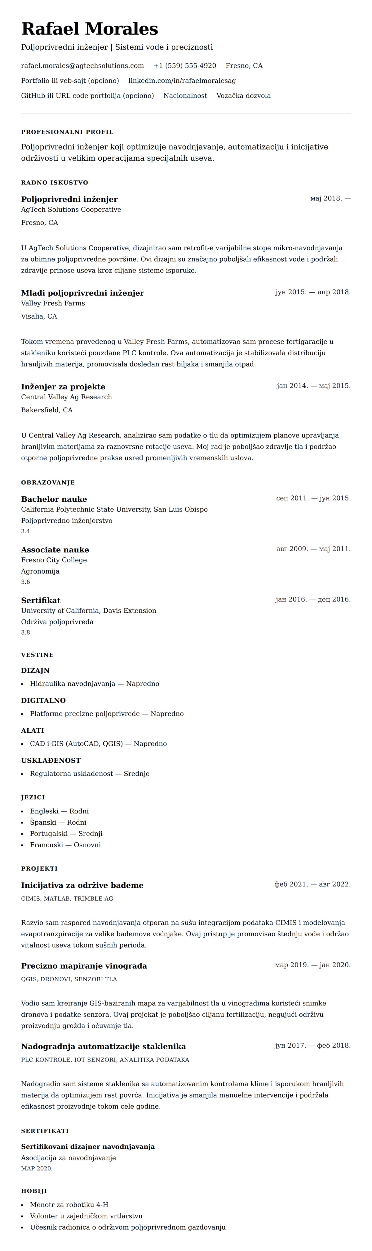 Pregled životopisa za Primer CV-a za poljoprivrednog inženjera