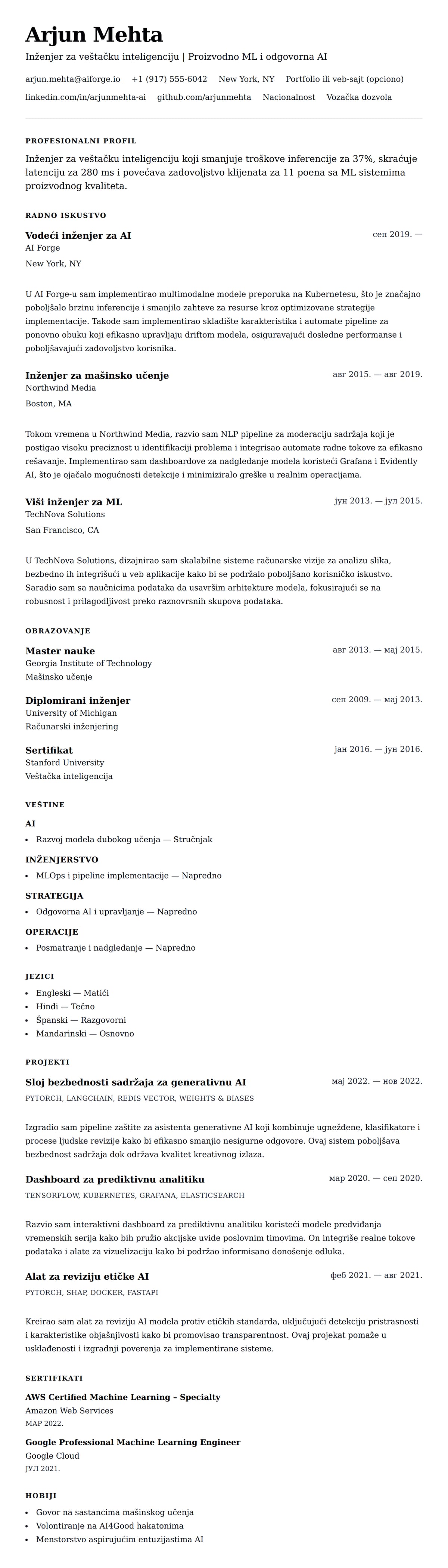 Pregled životopisa za Primer CV-a za inženjera veštačke inteligencije