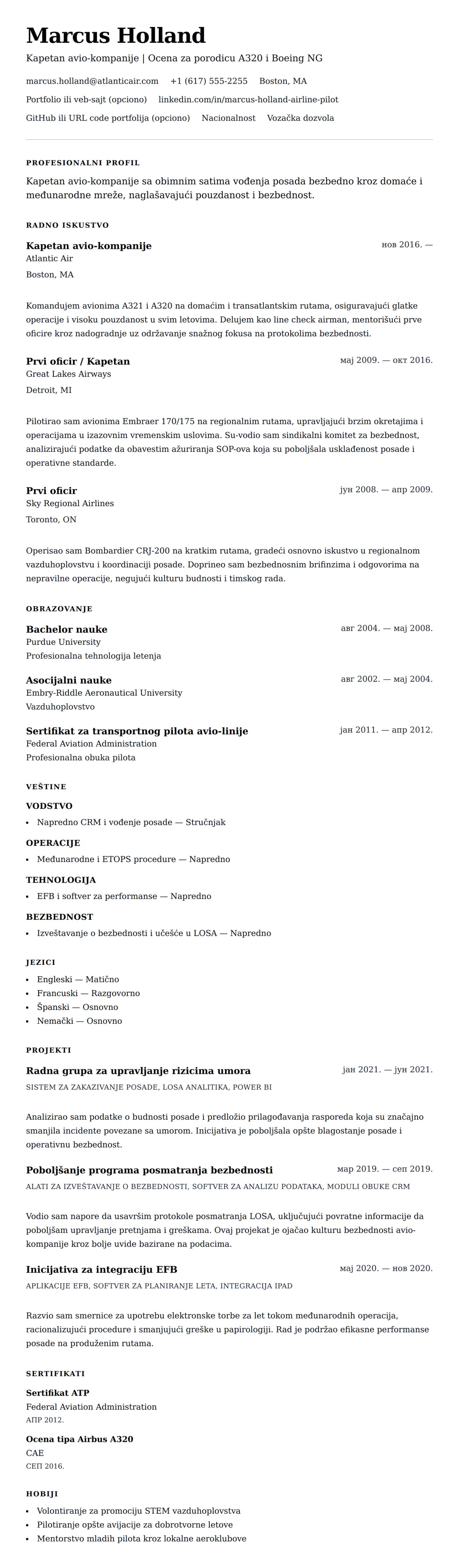 Pregled životopisa za Primer životopisa za pilota avio-kompanije