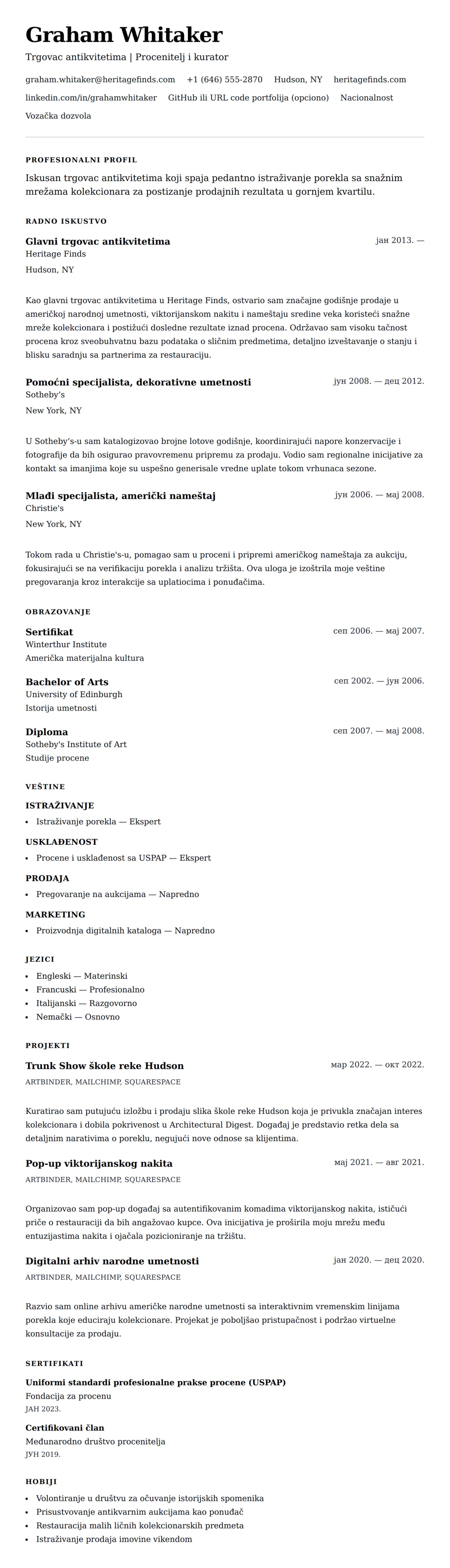 Pregled životopisa za Primer životopisa za trgovca antikvitetima