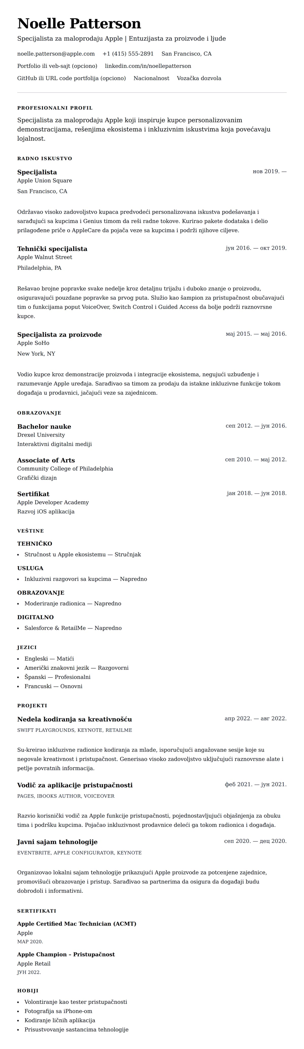 Pregled životopisa za Primer CV-a za specijalistu za maloprodaju Apple
