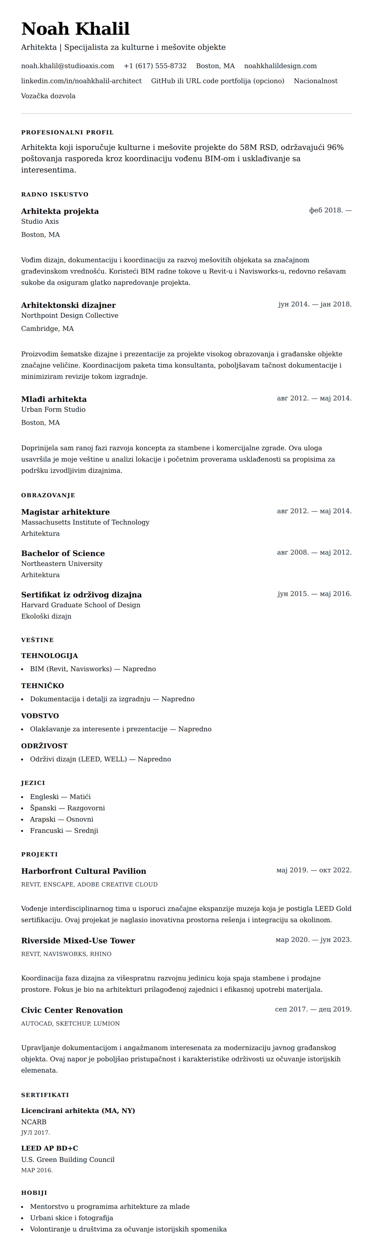 Pregled životopisa za Primer životopisa arhitekte