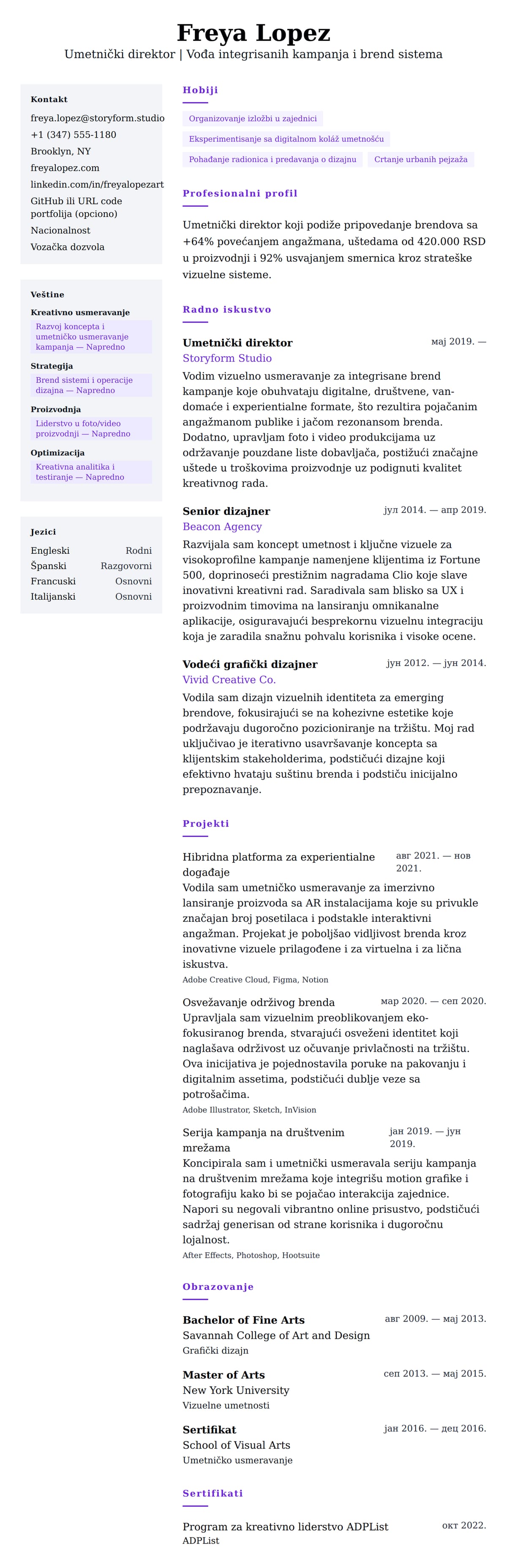 Pregled životopisa za Primer CV-a za umetničkog direktora