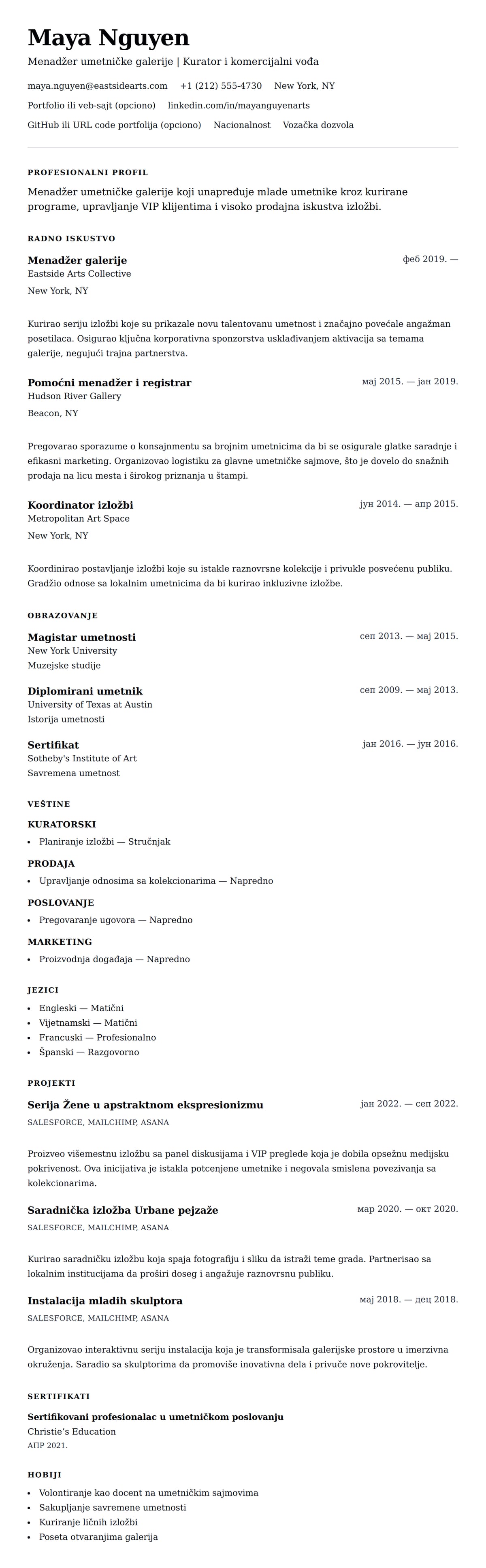 Pregled životopisa za Primer životopisa menadžera umetničke galerije