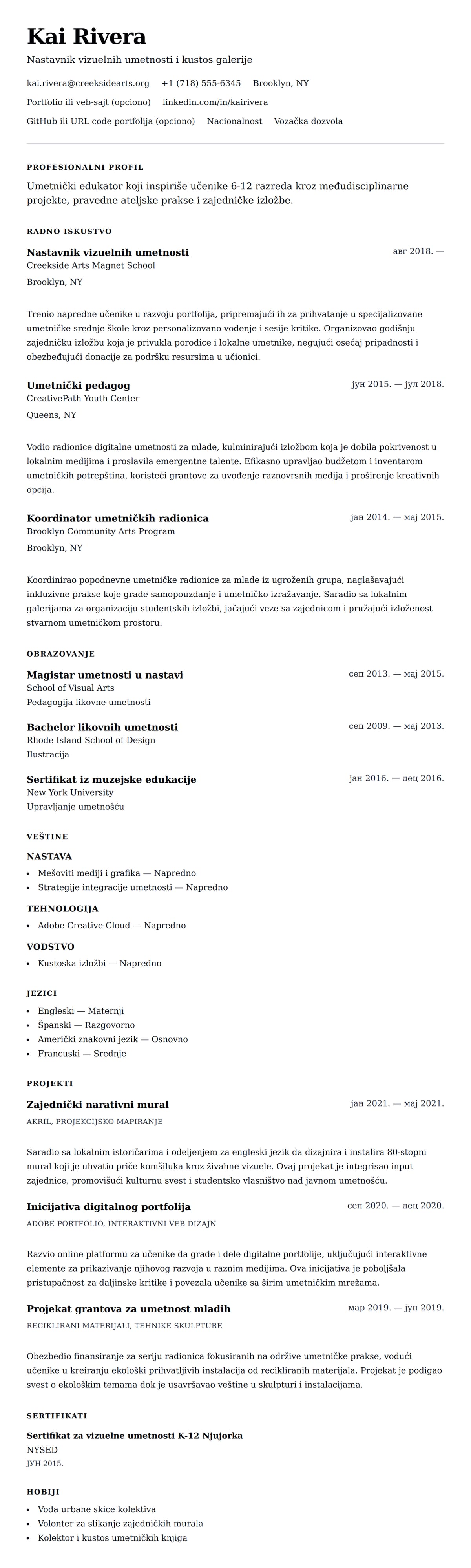 Pregled životopisa za Primer CV-a za nastavnika likovne umetnosti